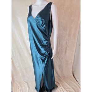Teal Satin Ruched V Neck Sleeveless Maxi Dress Size 14